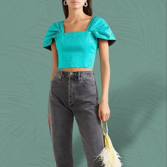 NWT ROTATE Birger Christensen ‘Petra’ Cropped Metallic Jacquard Top in Tile Blue - Picture 2 of 16